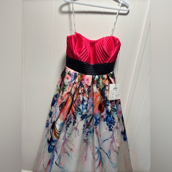 Prom-Bridesmaid-Formal Gown Size 14 Paris Mon Cheri brand Pink Floral Strapless - Picture 3 of 10